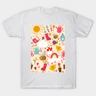 Gardening Fun repeat pattern on a cream background T-Shirt